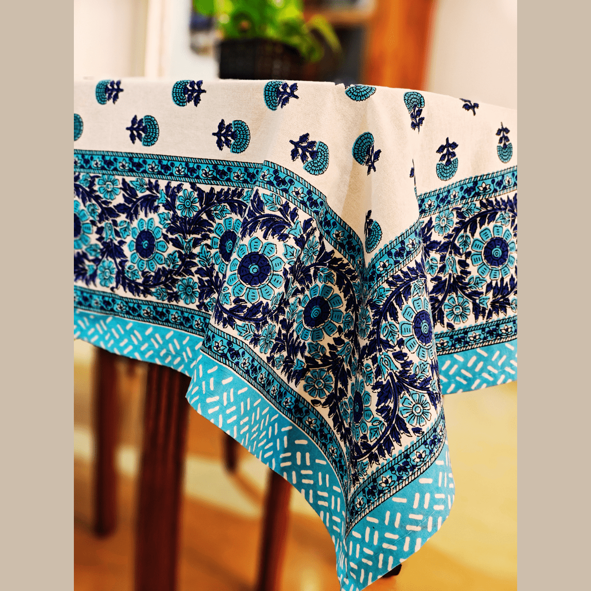 Opal 6 Seater Dining Table Cover, Block Print, 100% Cotton, 60" x 90" - Coral Slub -